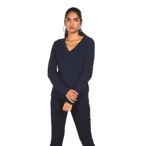 NWT TOMMY HILFIGER SZ L Women's 100% Cotton Knit Cable Knit Ivy Sweater in Navy - Picture 1 of 10
